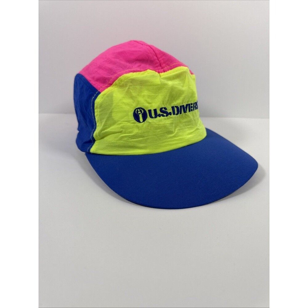 Vintage U.S. Divers Hat Neon Fluorescent Green Pink Blue 5 Panel Wave Ocean Cap